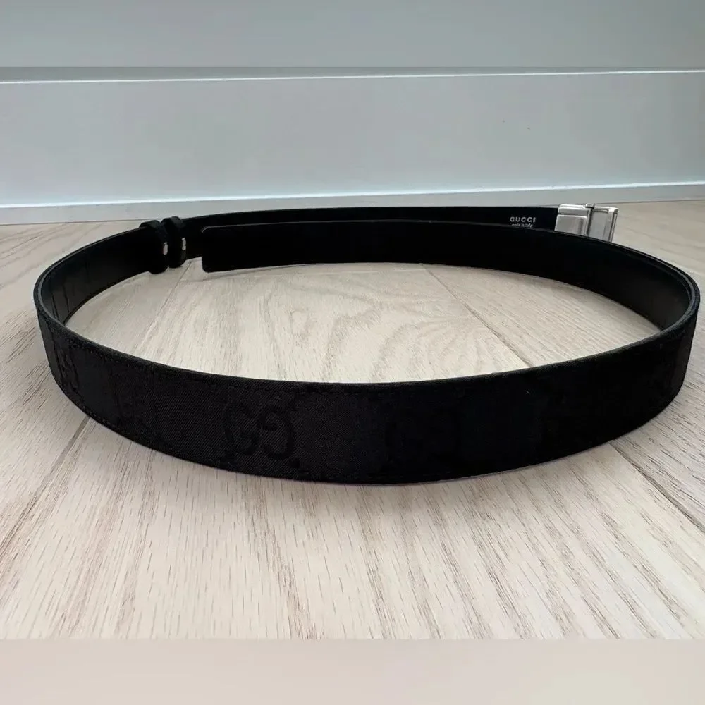 Gucci Men’s GG Canvas Belt Black 110/44 Silver Clamp Buckle Italy